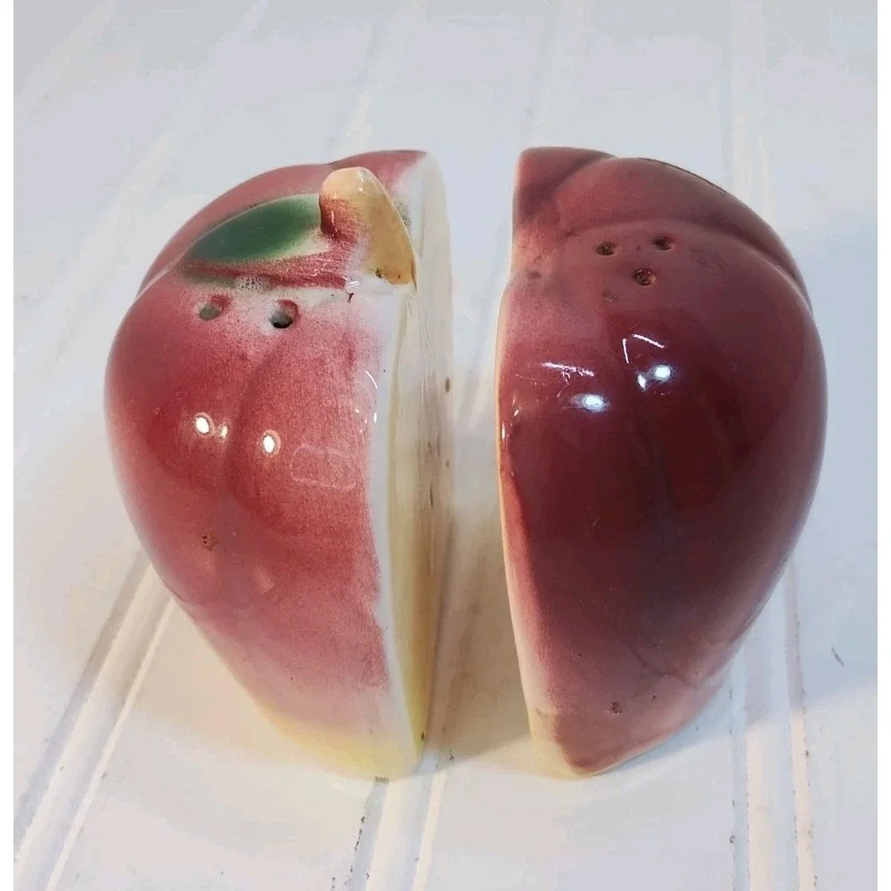 Vintage Ceramic Apple Halves Salt & Pepper Shakers CottageCore Country Red 2 PC